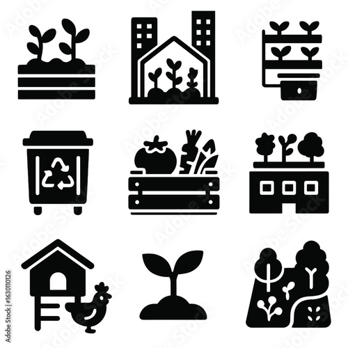 Urban Farming Icons. Solid, filled icons set of urban farming initiatives: raised vegetable bed, greenhouse in
