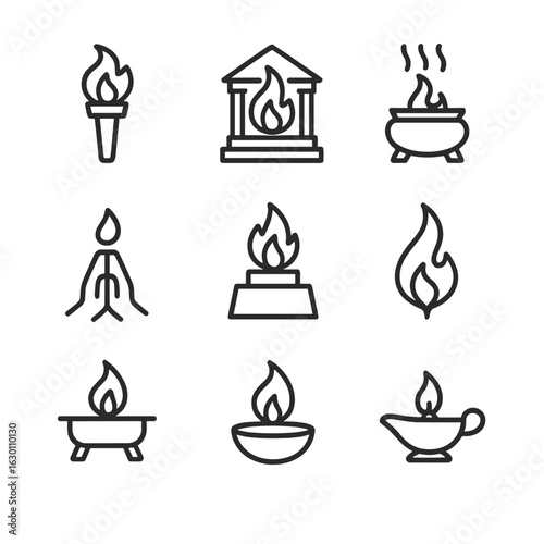 Sacred Flame Icons. Outline icon set of ritual flames: ceremonial torch, temple flame, incense burner, candlelight prayer, altar
