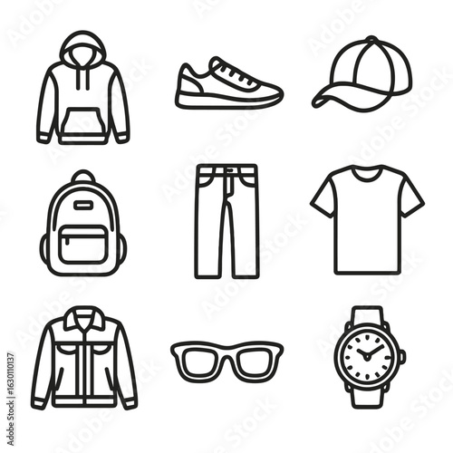 Urban Fashion Icons. Outline icon set of urban fashion style: hoodie, sneakers, baseball cap, backpack, jeans,