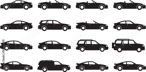 Diverse collection of car silhouettes perfect for automotive design transportation graphics and vehicle themed projects featuring clean lines and a transparent background