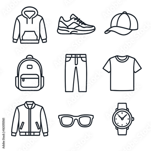 Urban Fashion Icons. Outline icon set of urban fashion style: hoodie, sneakers, baseball cap, backpack, jeans,