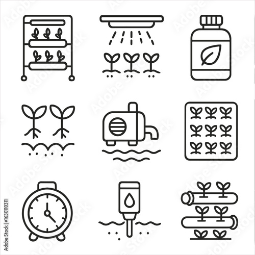 Urban Hydroponic Icons. Outline icon set of urban hydroponic gardening: vertical grow racks, LED lamps,
