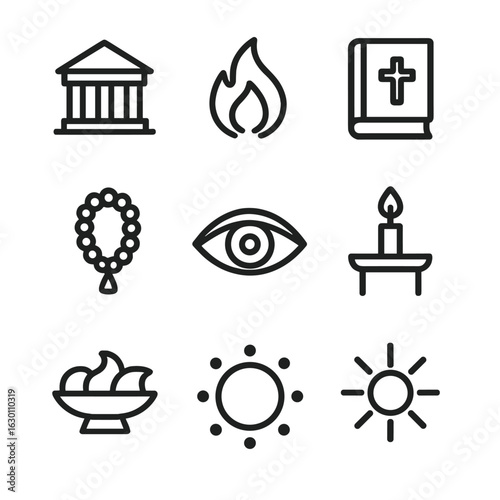 Sacred Ritual Icons. Outline icon set of sacred rituals: temple, sacred flame, holy book, prayer beads, divine eye, altar,