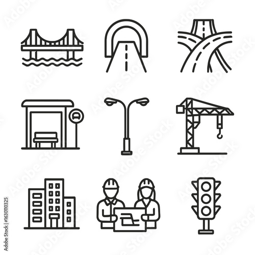 Urban Infrastructure Icons. Outline icon set of urban infrastructure growth: bridges, tunnels, highways, bus