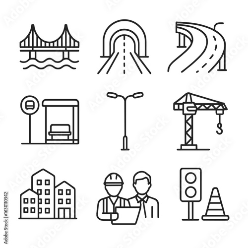 Urban Infrastructure Icons. Outline icon set of urban infrastructure growth: bridges, tunnels, highways, bus