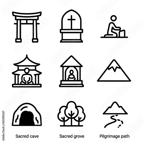 Sacred Spaces Icon Set. Outline icon set of sacred spaces: temple gate, church altar, prayer room, meditation hall, shrine