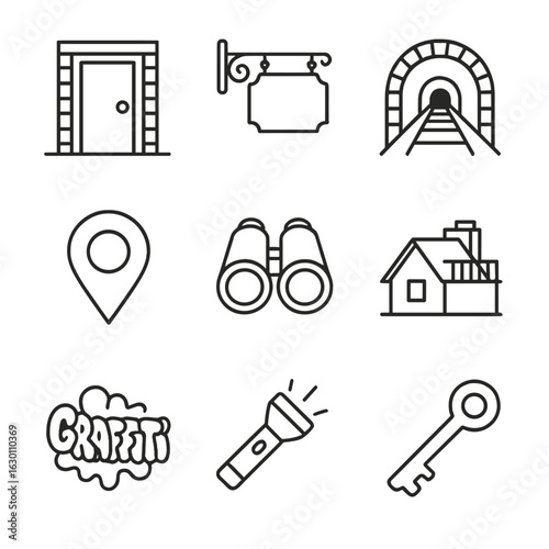 Urban Mystery Icons. Outline icon set of urban mystery spots: secret door, vintage sign, underground tunnel,