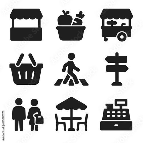 Urban Marketplace Icons. Solid, filled icons set of Urban marketplace: vendor tents, fresh produce, street
