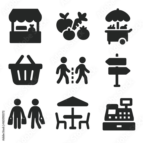 Urban Marketplace Icons. Solid, filled icons set of Urban marketplace: vendor tents, fresh produce, street