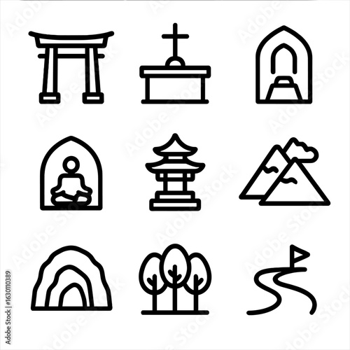 Sacred Spaces Icon Set. Outline icon set of sacred spaces: temple gate, church altar, prayer room, meditation hall, shrine