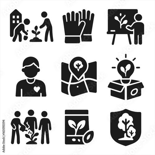 Urban Nature Icons. Solid, filled icons set of community involvement in urban nature: neighborhood planting