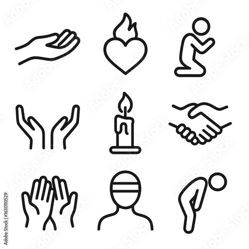 Sacrifice Icon Set. Outline icon set of sacrifice acts: selfless hand, heart with flame, person kneeling, offering hands, candle