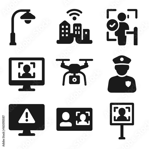 Urban Surveillance Icons. Solid, filled icons set of urban surveillance with biometrics: streetlight camera,