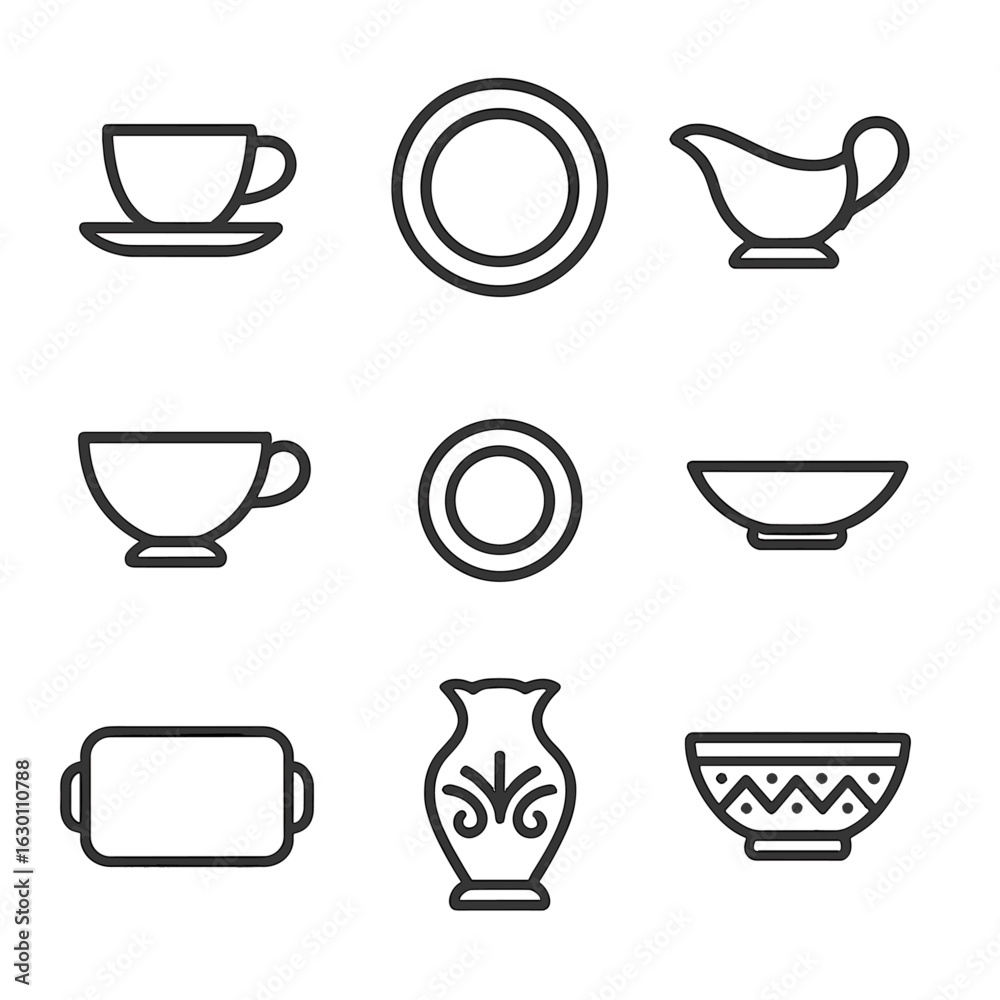 Fototapeta premium Fine China Icons. Outline icon set of fine china items: tea cup, dessert plate, gravy boat, soup bowl, bread plate, small dish,