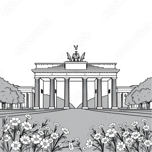 Brandenburg Gate surrounded by blooming flowers in Berlin on a warm summer evening
