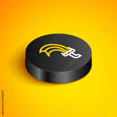 Isometric line Sword for game icon isolated on yellow background. Black circle button. Vector