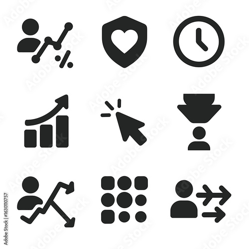 User Analytics Icons. Solid, filled icons set of user engagement analytics: user activity graph, engagement