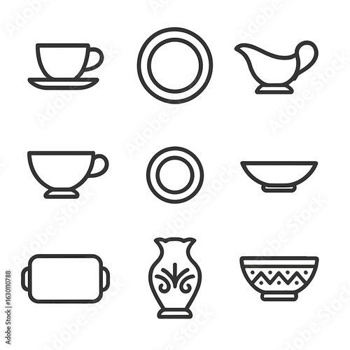 Fine China Icons. Outline icon set of fine china items: tea cup, dessert plate, gravy boat, soup bowl, bread plate, small dish,
