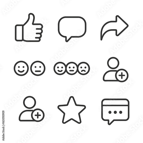 User Interaction Icons. Outline icon set of user interaction symbols: thumbs up, speech bubble, reply arrow,