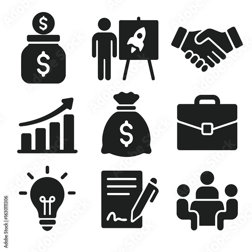 Venture Capital Icons. Solid, filled icons set of venture capital: investment fund, startup pitch, handshake,