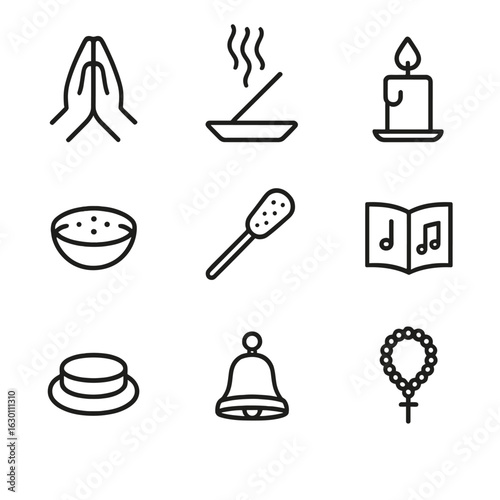 Sanctuary Ritual Icons. Outline icon set of sanctuary rituals: prayer hands, incense smoke, candle, offering bowl, holy water