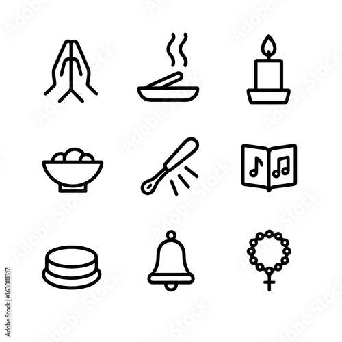 Sanctuary Ritual Icons. Outline icon set of sanctuary rituals: prayer hands, incense smoke, candle, offering bowl, holy water
