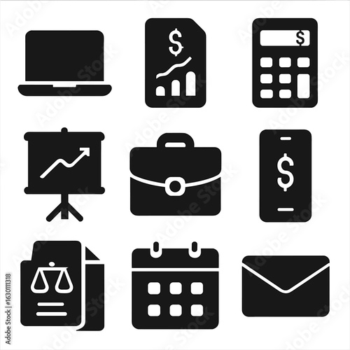 Venture Capital Icons. Solid, filled icons set of venture capital tools: laptop, financial report, calculator,