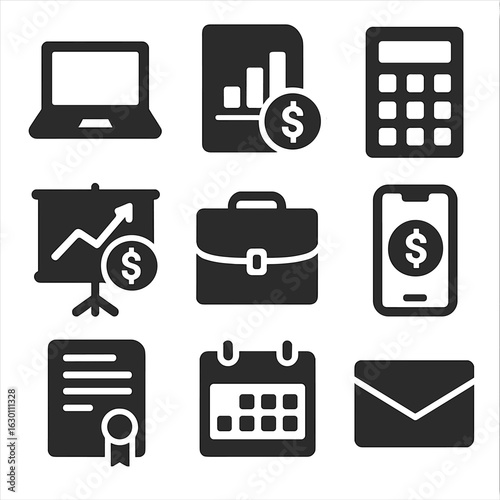 Venture Capital Icons. Solid, filled icons set of venture capital tools: laptop, financial report, calculator,