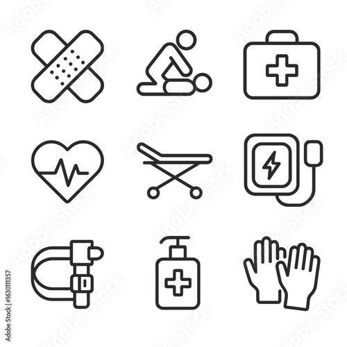 First Aid Icons. Outline icon set of first aid: bandage, CPR icon, first aid kit, heart monitor, stretcher, defibrillator,