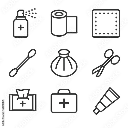 First Aid Icons. Outline icon set of scrape cleaning and treatment: antiseptic spray, bandage roll, gauze pad, cotton swab, ice