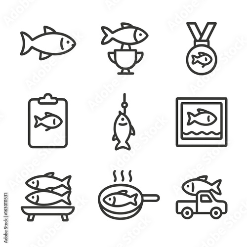 Fishing Icons Set. Outline icon set of fishing catch and rewards: big fish, fish trophy, fishing medal, fishing record, caught
