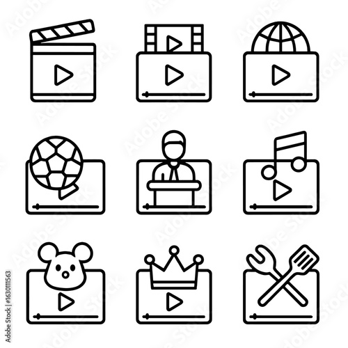 Video Content Icons. Outline icon set of video content types: movie, series, documentary, sports, news, music