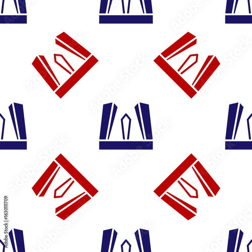 Blue and red Gate of Europe icon isolated seamless pattern on white background. The Puerta de Europa towers. Madrid city, Spain. Vector