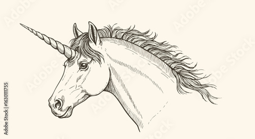 Detailed unicorn head portrait in a classic engraving style. Mythological fantasy horse with a horn, isolated vector sketch.