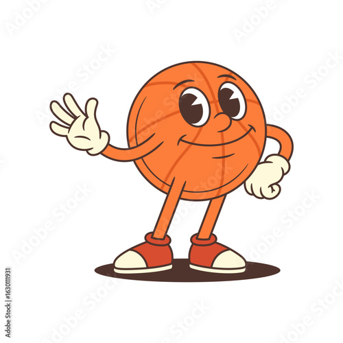 Charming basketball mascot standing with one hand waving and the other on its hip. Great for youth sports, branding, or school projects. Vector illustration