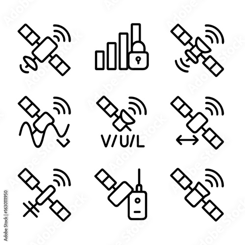 Satellite Signal Icons. Outline icon set of satellite signals: radio waves, signal strength, encryption, modulation, frequency
