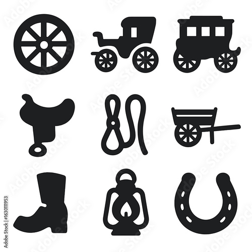 Vintage Transportation Icons. Solid, filled icons set of vintage transportation: wagon wheel, horse carriage,