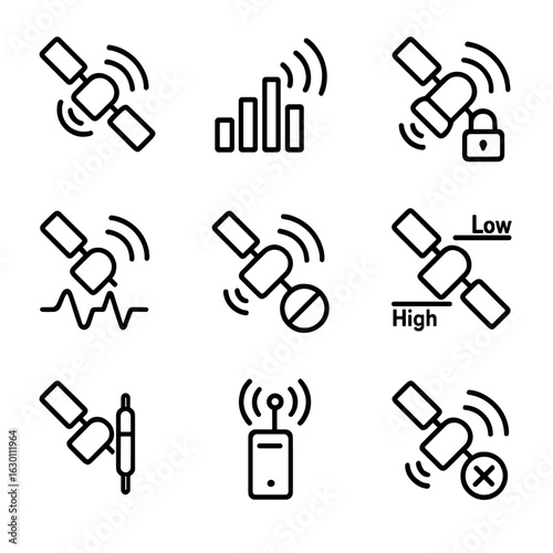 Satellite Signal Icons. Outline icon set of satellite signals: radio waves, signal strength, encryption, modulation, frequency