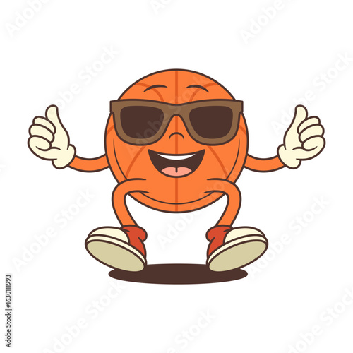 Basketball mascot wearing sunglasses grooves with thumbs-up and hip stance. Perfect for sporty branding, team merch, or student vibes, this cool character oozes vintage flair. Vector illustration