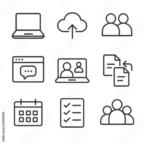 Virtual Collaboration Icons. Outline icon set of virtual collaboration: laptop, cloud storage, teamwork, chat