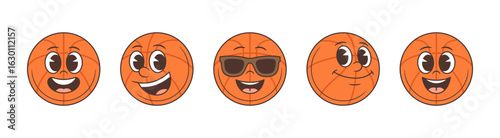 Lively basketball mascot featuring happy, cool, and mischievous expressions with stylish sunglasses and playful smiles. Perfect for sports branding, youth promotions, and entertaining visual content