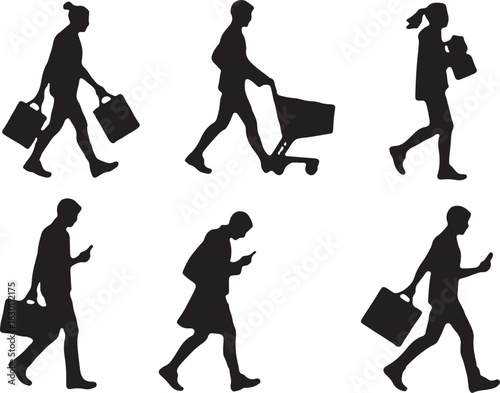 Diverse silhouettes of people shopping and using phones