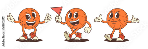 Basketball mascot in confident thumbs-up pose, playful flag-waving stance, and welcoming open-arm gesture. Perfect for sports events, youth activities, and team spirit promotions. Vector illustration