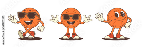 Playful basketball mascot shown in confident walking pose, cool sitting with sunglasses, and enthusiastic standing with raised arm. Ideal for sports branding, youth programs, and promotional events