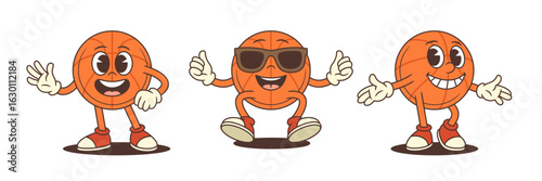 Cartoon basketball mascot in expressive poses featuring waving, sitting with sunglasses, and playful thumbs-up gestures. Ideal for sports branding, fan engagement, and promotional content