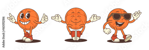 Basketball mascot displaying lively energy with playful pointing, calm meditative stance, and confident cool peace sign pose. Ideal for sports branding, youth events, and promotional materials