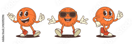 Basketball mascot showcasing cheerful poses with thumbs-up, OK sign, and casual sunglasses vibe. Perfect for sports events, promotions, and kids entertainment. Vector illustration