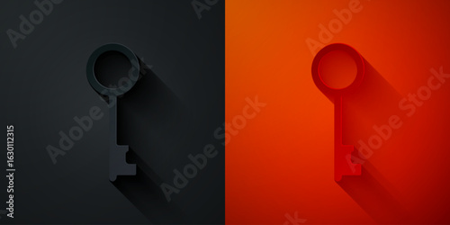 Paper cut Old key icon isolated on black and red background. Paper art style. Vector