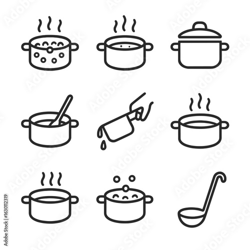 Saucepan Cooking Icons. Outline icon set of cooking with saucepans: boiling water, simmering sauce, covered saucepan, stirring in
