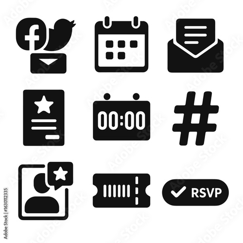 Virtual Event Icons. Solid, filled icons set of virtual event promotion: social media icons, calendar, email